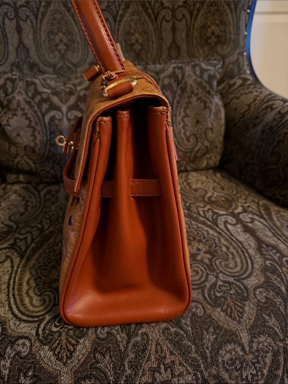 MCM Cognac Logo Visetos Top Handle Satchel with Gold Hardware - Picture 3 of 11